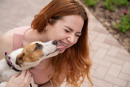 Dog jack russell terrier licks the owner in the face outdoors