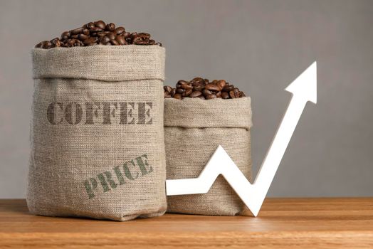 A bag of coffee beans and a chart arrow pointing up. The cost of coffee in the markets of the world. The concept of the growth of the cost of coffee beans.