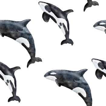 Hand drawn watercolor seamless pattern with orca killer whale. Sea ocean marine animal, nautical underwater endangered mammal species. Blue gray illustration for fabric nursery decor, under the sea prints