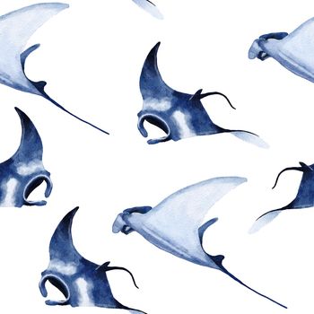 Hand drawn watercolor seamless pattern with manta ray. Sea ocean marine animal, nautical underwater endangered mammal species. Blue gray illustration for fabric nursery decor, under the sea prints