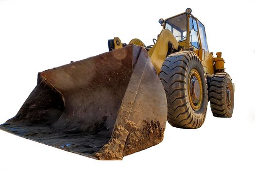 Big Yellow excavator, isolated on white background.