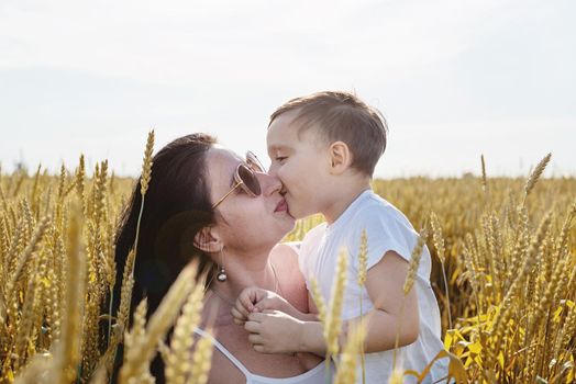 Happy family on a summer walk, mother and child walk in the wheat field and enjoy the beautiful nature, at sunset kissing