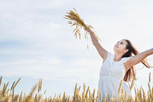 Young brunette woman standing in golden field holding heap of rye and wearing white dress lit by sunset light, laughing, copy space