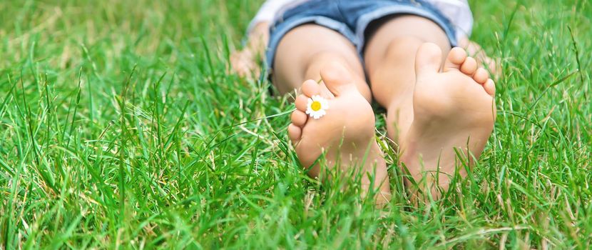 Children's feet with chamomile on green grass. Selective focus. nature.