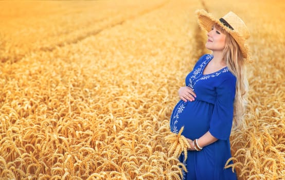 Pregnant woman in a wheat field. Selective focus. nature.