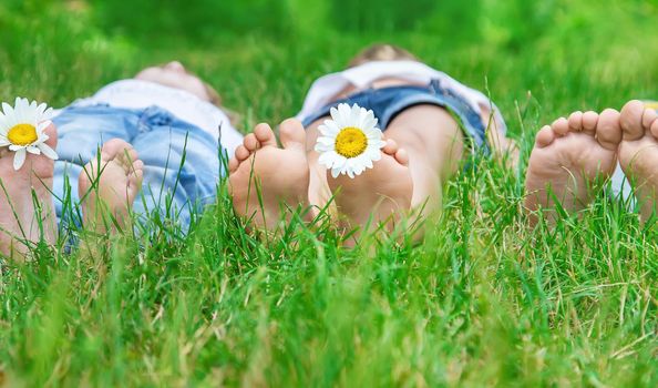 Children's feet with chamomile on green grass. Selective focus. nature.