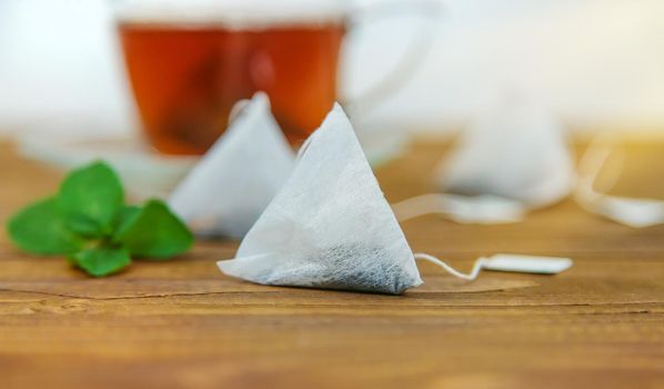 Tea bags on the table. Selective focus. Food.