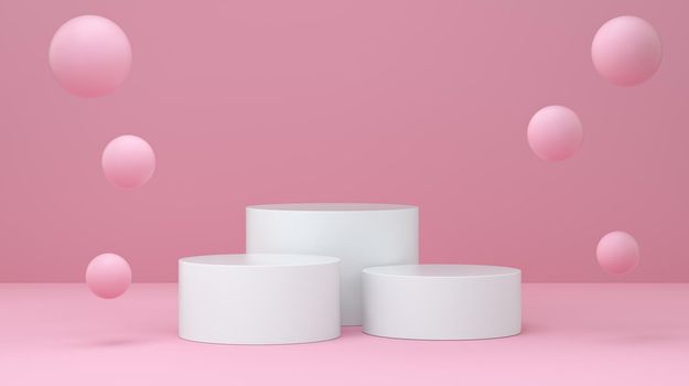 Podium with bubble floating on pastel pink studio. minimal geometric background shape abstract background. 3d rendering.
