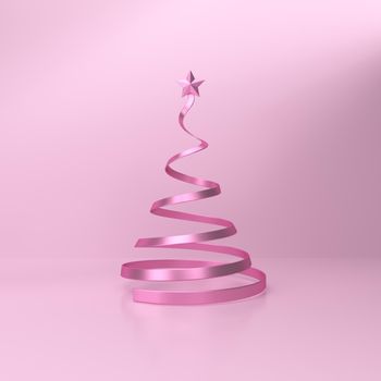 Big star at the top on a christmas tree in studio background in pink. 3D Rendering