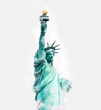 Watercolor painting illustration of the Statue of Liberty isolated on white