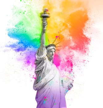 Statue of Liberty with colorful rainbow holi paint powder explosion isolated on white