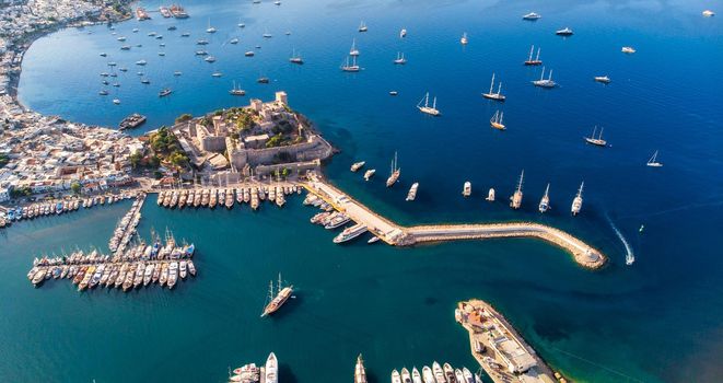 Aerial view of Bodrum on Turkish Riviera. View on Saint Peter Castle Bodrum castle and marina