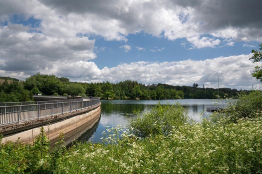 Panoramic landscape of Brucher reservoir at summertime, recreation and hiking area of Bergisches Land, Germany