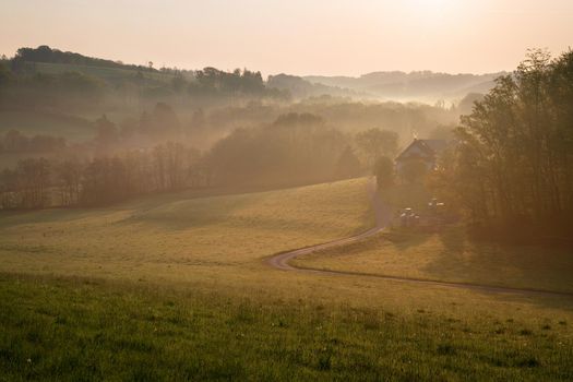 Panoramic image of scenic view on a colorful morning, Bergisches Land, Odenthal, Germany