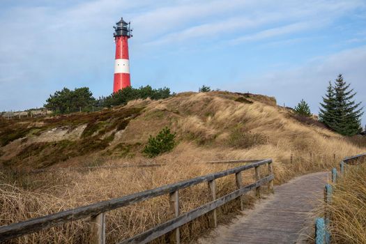 Panoramic image of Hoernum lighthouse against sky, Sylt, North Frisia, Germany 