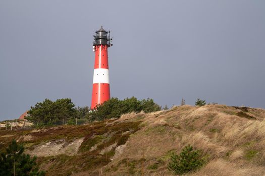 Panoramic image of Hoernum lighthouse against sky, Sylt, North Frisia, Germany 