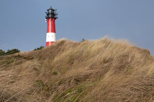 Panoramic image of Hoernum lighthouse against sky, Sylt, North Frisia, Germany 