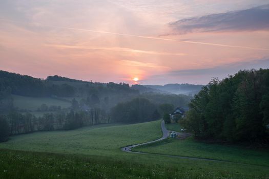 Panoramic image of scenic view on a colorful morning, Bergisches Land, Odenthal, Germany