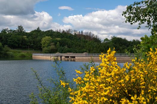 Panoramic landscape of Brucher reservoir at summertime, recreation and hiking area of Bergisches Land, Germany