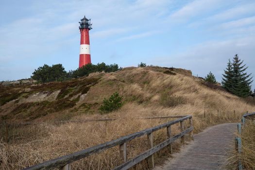 Panoramic image of Hoernum lighthouse against sky, Sylt, North Frisia, Germany 