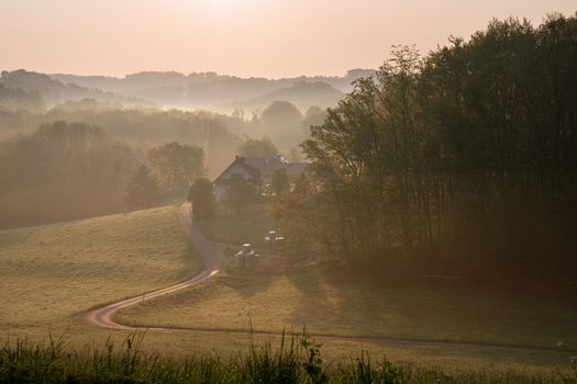 Panoramic image of scenic view on a colorful morning, Bergisches Land, Odenthal, Germany