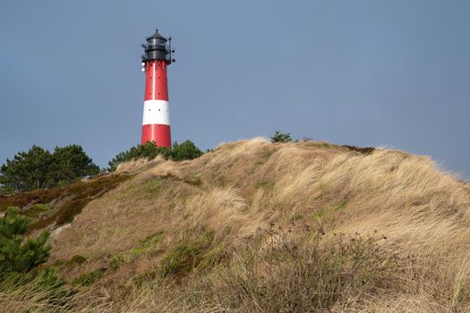 Panoramic image of Hoernum lighthouse against sky, Sylt, North Frisia, Germany 