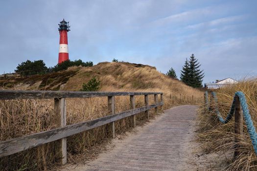 Panoramic image of Hoernum lighthouse against sky, Sylt, North Frisia, Germany 