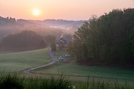 Panoramic image of scenic view on a colorful morning, Bergisches Land, Odenthal, Germany