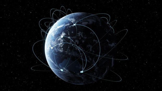 Global network and internet connection in orbital earth globe . Concept of wireless digital connection and internet of things in futuristic 3D rendering . Elements of this Image Furnished By NASA .