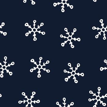 Seamless Pattern with White Snowflakes on Dark Blue Background. Abstract Hand-Drawn Doodle Snowflakes.