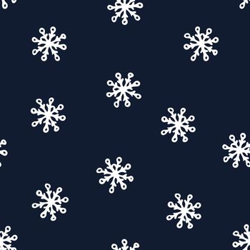 Seamless Pattern with White Snowflakes on Dark Blue Background. Abstract Hand-Drawn Doodle Snowflakes.