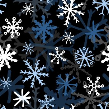 Seamless Pattern with White and Blue Snowflakes on Black Background. Abstract Hand-Drawn Doodle Snowflakes.
