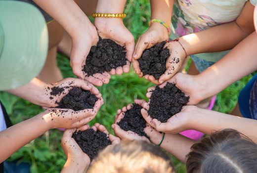 Children hold the earth in their hands. Selective focus. nature.