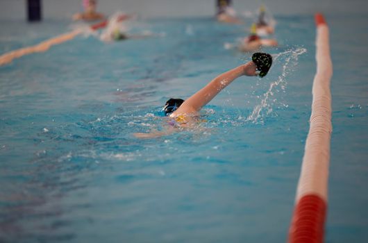 Child athlete swims in the pool. Swimming section.