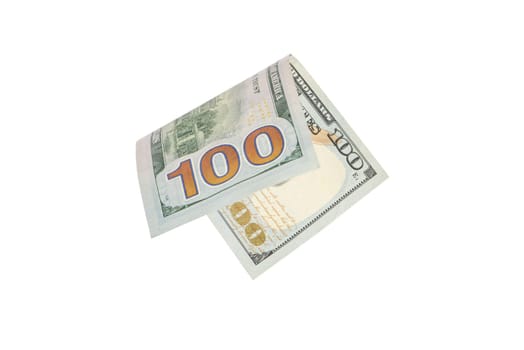 Isolate on white hundred dollar bills. American money folded in half, close-up