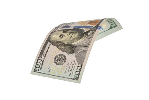 Isolate on white hundred dollar bills. American money folded in half, close-up