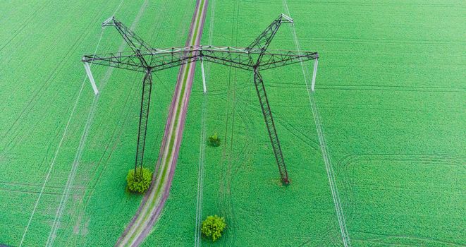 Top Electric high voltage post, High voltage energy transmission. Voltage post.High-voltage tower in green field background. Power distribution. Download photo