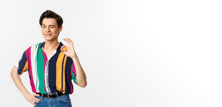 Confident young androgynous man showing okay sign, approve and agree, smiling and winking at camera, guarantee and recommend, standing over white background.