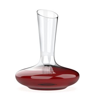 Decanter with red wine on white background