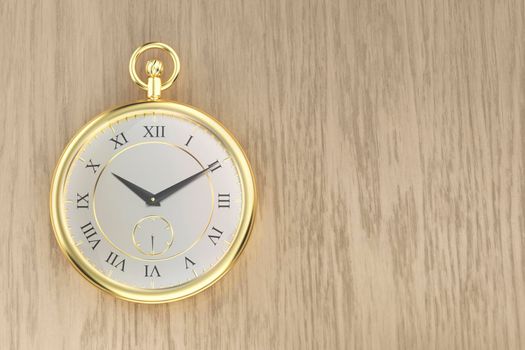 Shiny golden pocket watch on the wooden table, top view