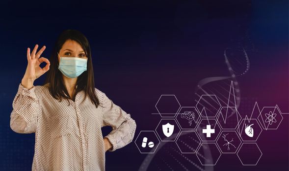 Young woman wearing medical face mask showing OK sign. Medical background with icons and symbols. Design concept idea for healthcare technology, innovation medicine, health science and research