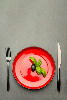 Diet. Small amount of food on the plate. One olive is in a red plate, a knife and a fork. Weight loss and diet concept. Empty space for text.