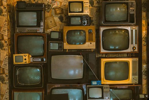 wall of pile colorful retro television. Old TV, vintage style. download photo