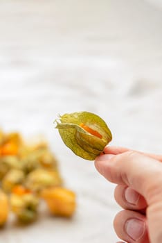 Physalis in hand. In the palm of your hand are sweet yellow physalis berries. Ripe physalis fruits lie in the background. Place for your text.