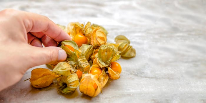 Physalis in hand. The hand takes the sweet yellow physalis berries, the ripe physalis fruits lie on the marble tabletop. Place for your text, for design or product label.