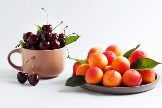 Cherries in a mug and apricots in a plate on a white background. copy space