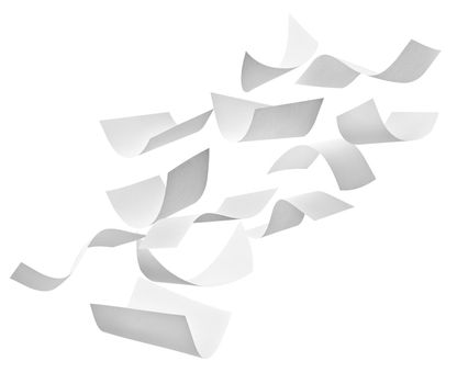 close up of flying papers on white background