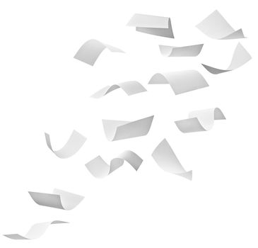 close up of flying papers on white background