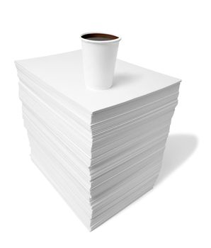 close up of a stack of papes and coffee cup on white background