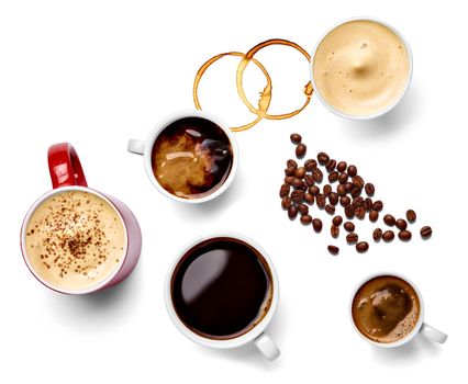 close up of a various coffee in cup on white background